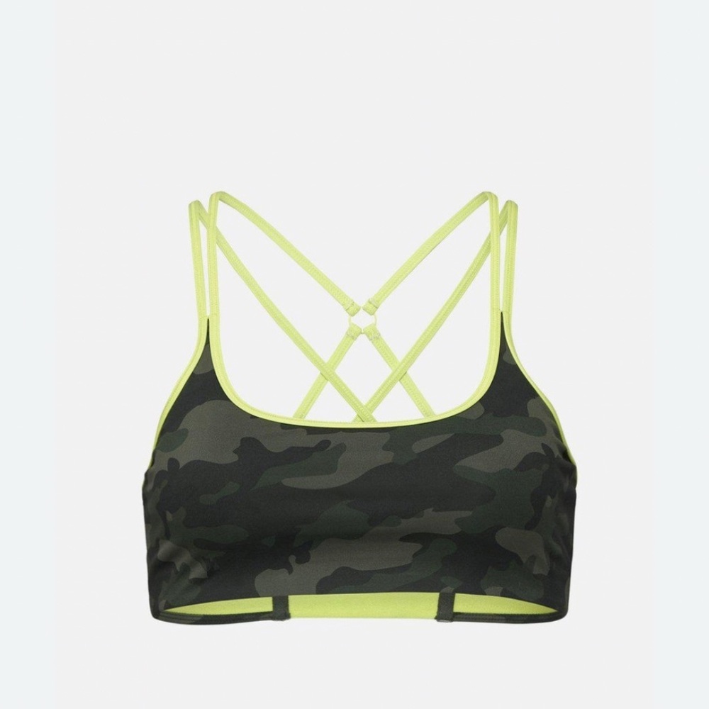 All Access Center Stage Chorus Strappy Bra - Sz S - Olive Camo/Limeade
